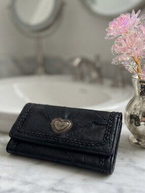 Black Patchwork Leather Wallet with Heart Charm – Boho Chic